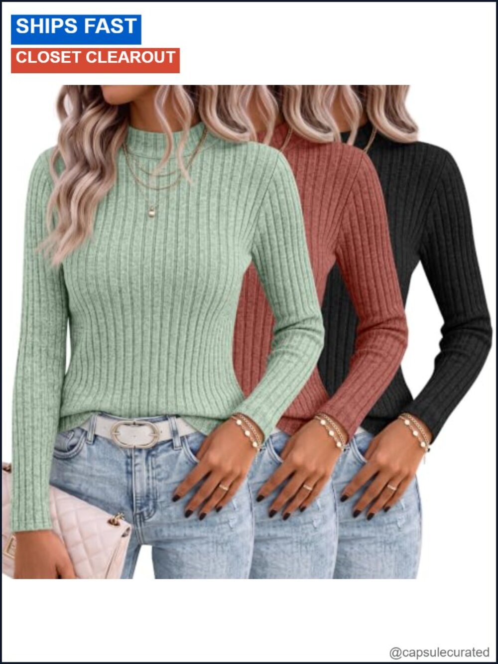 3 Pack Women's Ribbed Knit Mock Neck Pullover Sweaters Long Sleeve